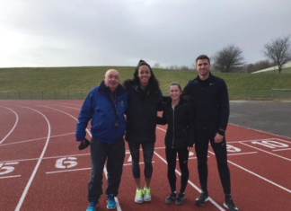 With permission - Liverpool Harriers President Stephen Carroll with Team GB athletes Katarina Johnson-Thompson, Emma Alderson, and Andrew Pozzi (left to right). Instagram - steve.harrier