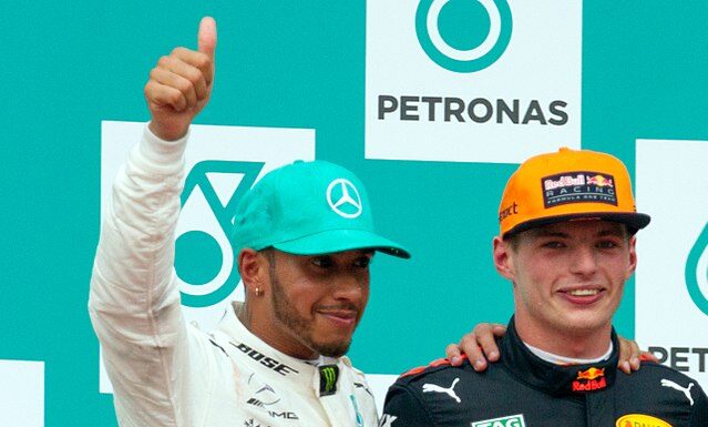 640px-Podium_2017_Malaysia,_Lewis_Hamilton_and_Max_Verstappen from creative commons by Morio