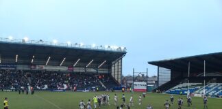Widnes Vikings vs Salford City Reds. Friendly match, taken from the North Stand at the Stobart Stadium (Halton Stadium) 2010