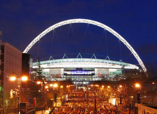 "File:Wembley Stadium, illuminated.jpg" by Rob from United Kingdom is marked with CC BY 2.0.