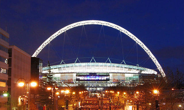 "File:Wembley Stadium, illuminated.jpg" by Rob from United Kingdom is marked with CC BY 2.0.