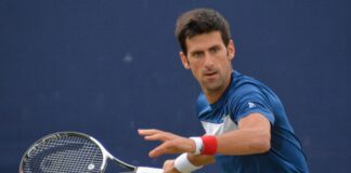 Djokovic in action 2018 Queens club - Credit Wiki commons Carine06 from UK