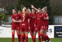 Niamh Fahey celebrates with teammates after scoring against Blackburn (image courtesy of Liverpool Football Club)