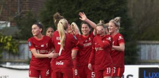 Niamh Fahey celebrates with teammates after scoring against Blackburn (image courtesy of Liverpool Football Club)