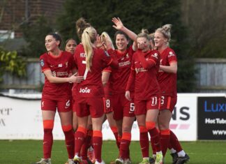 Niamh Fahey celebrates with teammates after scoring against Blackburn (image courtesy of Liverpool Football Club)