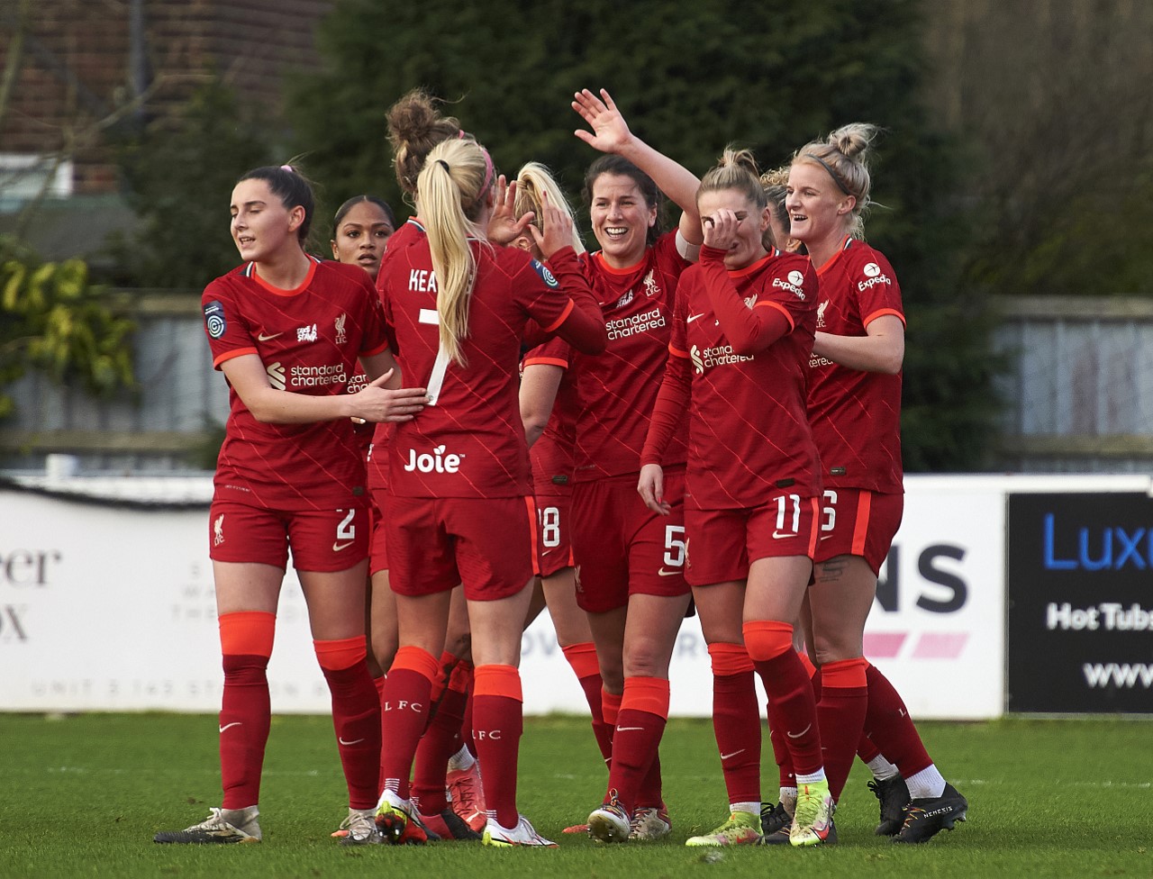 Niamh Fahey celebrates with teammates after scoring against Blackburn (image courtesy of Liverpool Football Club)