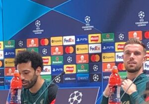 Jordan Henderson and Mohamed Salah speak to the press ahead of the Champions League final 2022 (Declan Carr)