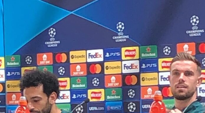 Jordan Henderson and Mohamed Salah speak to the press ahead of the Champions League final 2022 (Declan Carr)