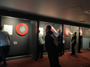 Nathan Derry throwing a dart at the 2023 Liverpool Riley's UK Open Qualifier. Credit: Connor Cain