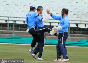 Snellgrove (left) celebrates an England wicket - image credit to Matchpixsa