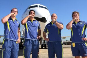Australian rugby players unveiling a Movember themed aero plane in support for the foundation. Image from Wikipedia Commons