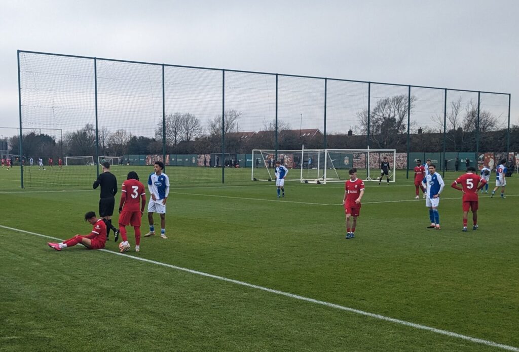 Trent Kone-Doherty wins a free kick for Liverpool u18s at the AXA Training Centre