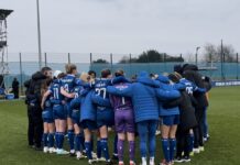 Brian Sorensen's Everton women huddled after Chelsea defeat.