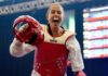 Beth Munro celebrates after winning her semifinal match against Denmark's Lisa Gjessing, during day Two of the European Taekwondo Championships 2022. Via agreed Alamy license.