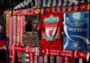 liverpool and everton football memorabilia stall in the city centre of liverpool