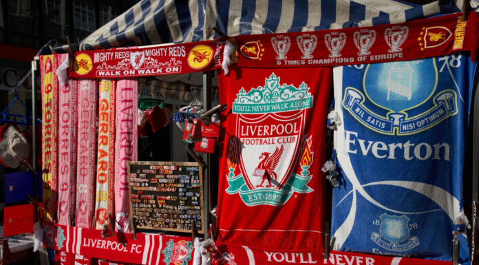 liverpool and everton football memorabilia stall in the city centre of liverpool