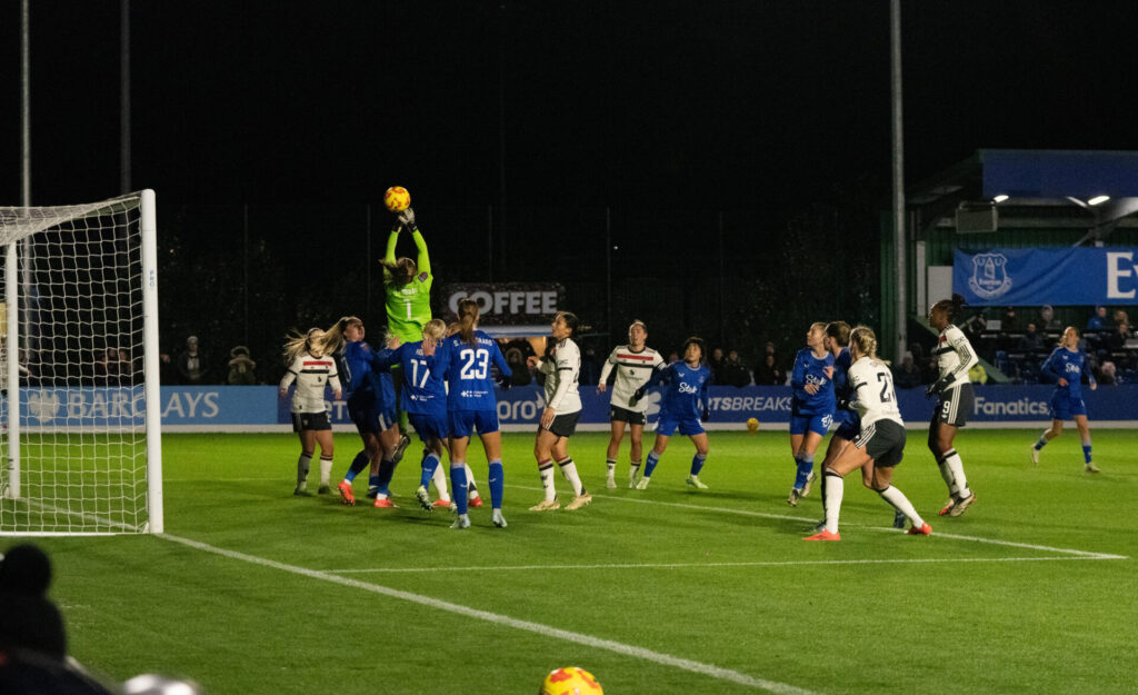 Moments before Courtney Brosnan fumbles leading to Manchester United's opener at Walton Hall Park. Pic by Matty McClennon.