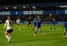 Manchester United's Maya Le Tissier fires in from distance, scoring United's second of the night. Pic by Matty McClennon.