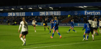 Manchester United's Maya Le Tissier fires in from distance, scoring United's second of the night. Pic by Matty McClennon.