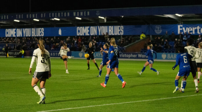 Manchester United's Maya Le Tissier fires in from distance, scoring United's second of the night. Pic by Matty McClennon.