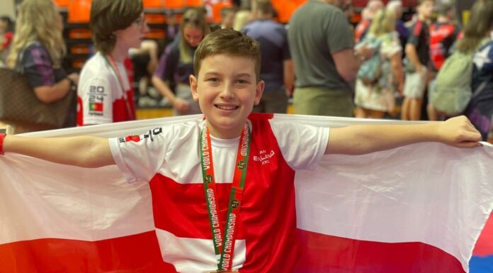 Zack Donnelly celebrates his WKC Gold medal for England in Albufeira, Portugal. Pic by Paul Donnelly