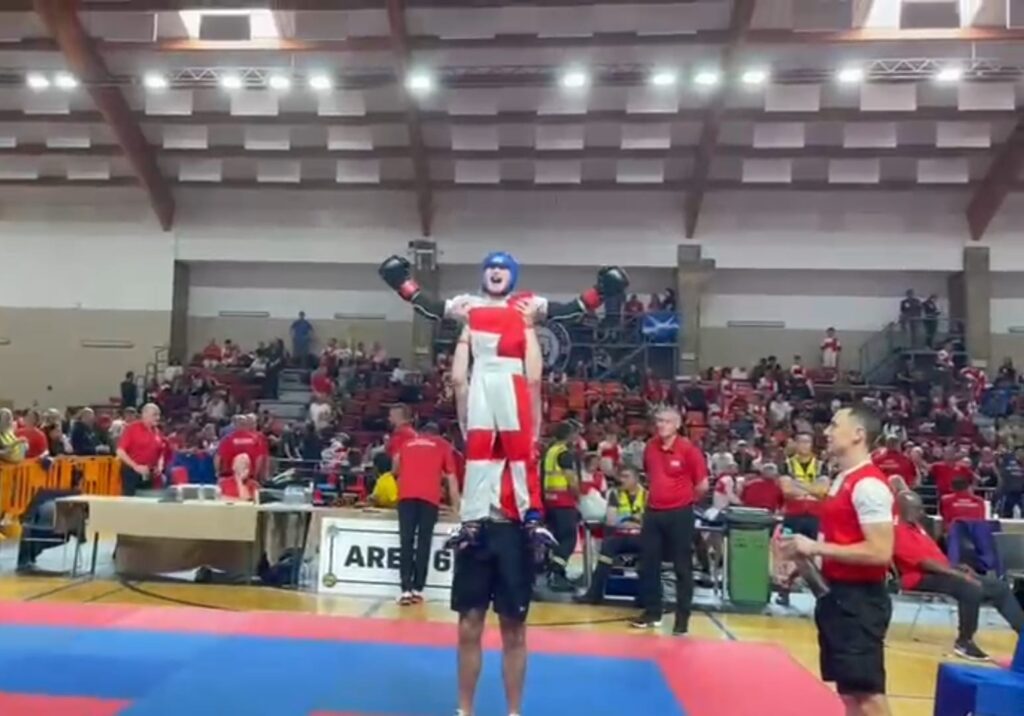 Zack Donnelly and team England celebrate a victory at the WKC in Albufeira, Portugal. Pic by Paul Donnelly