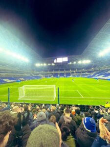 View from behind goal at Bramley Moore Dock Stadium 