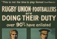 Poster showing two half-length portraits side by side, of a rugby player and of a soldier