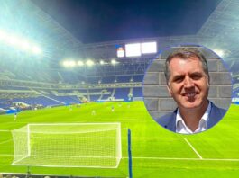 Everton Stadium at Bramley-Moore Dock with Liverpool Mayor Steve Rotheram inset