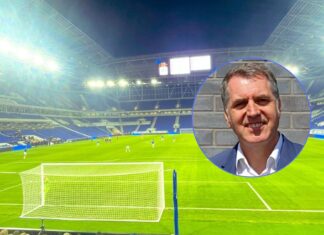 Everton Stadium at Bramley-Moore Dock with Liverpool Mayor Steve Rotheram inset