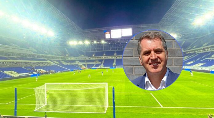 Everton Stadium at Bramley-Moore Dock with Liverpool Mayor Steve Rotheram inset