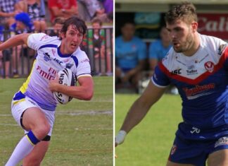 stefan Ratchford of Warrington Wolves and Alex Walmsley of St Helens in a split image