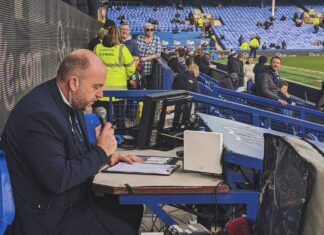 Graeme White in his old seat at Goodison Park (Picture courtesy of Graeme White)