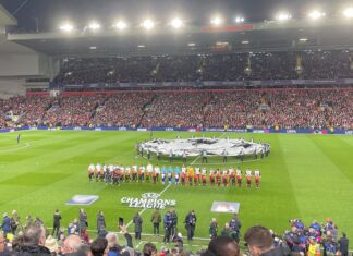 Anfield before Champions League game kick off before Liverpool vs PSG, photo by Mathew Musgrave