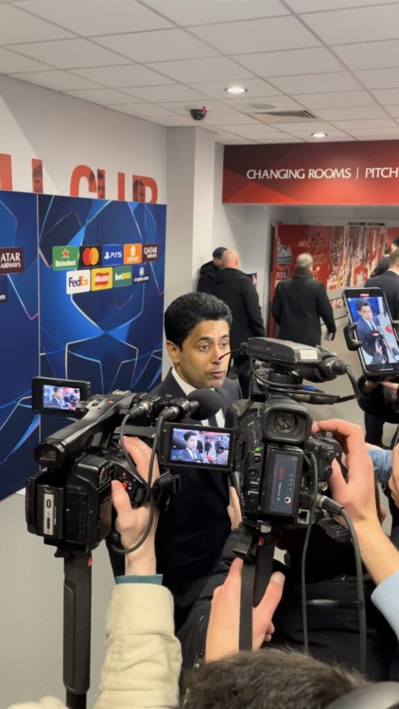 PSG President, Nasser Al-Khelaifi speaking to the media following his sides win, photo by Mathew Musgrave