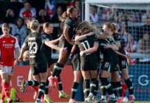 Liverpool celebrate as Arsenal’s Daphne van Domselaar scores an own goal during their FA Cup quarter-final. Photograph: Andrew Boyers/Action Images/Reuters