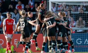 Liverpool celebrate as Arsenal’s Daphne van Domselaar scores an own goal during their FA Cup quarter-final. Photograph: Andrew Boyers/Action Images/Reuters