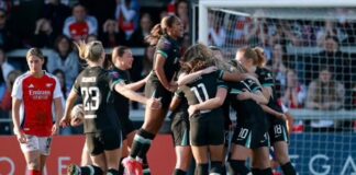 Liverpool celebrate as Arsenal’s Daphne van Domselaar scores an own goal during their FA Cup quarter-final. Photograph: Andrew Boyers/Action Images/Reuters