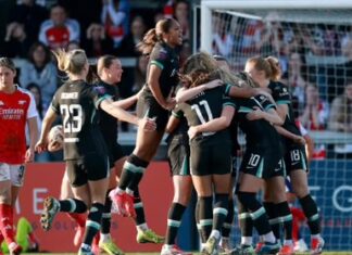 Liverpool celebrate as Arsenal’s Daphne van Domselaar scores an own goal during their FA Cup quarter-final. Photograph: Andrew Boyers/Action Images/Reuters