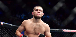 Khabib Nurmagomedov mid fight, image under Alamy licence agreement, Credit: Jason Silva/ Alamy Live News