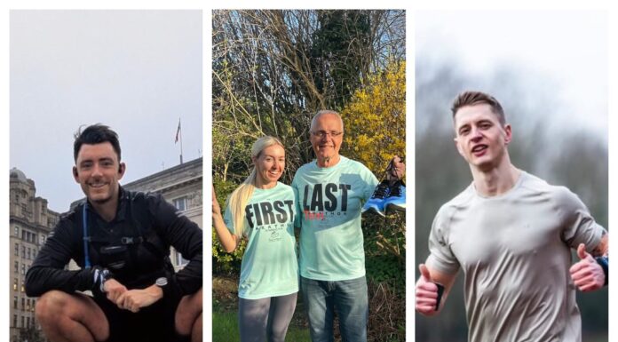 London Marathon runners - Chris Spruce (left), Alan and Abbie Rothwell (middle), and Callan Beckett (right)