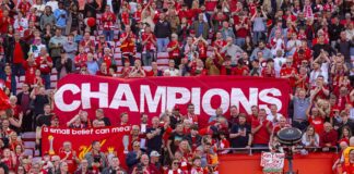 Liverpool Champions banner vs Spurs 27 April 2025 - Pic under agreed Alamy Licence