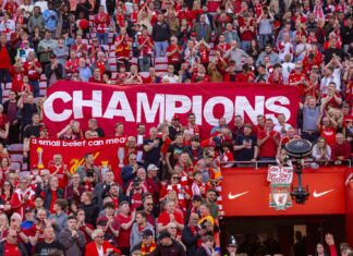 Liverpool Champions banner vs Spurs 27 April 2025 - Pic under agreed Alamy Licence