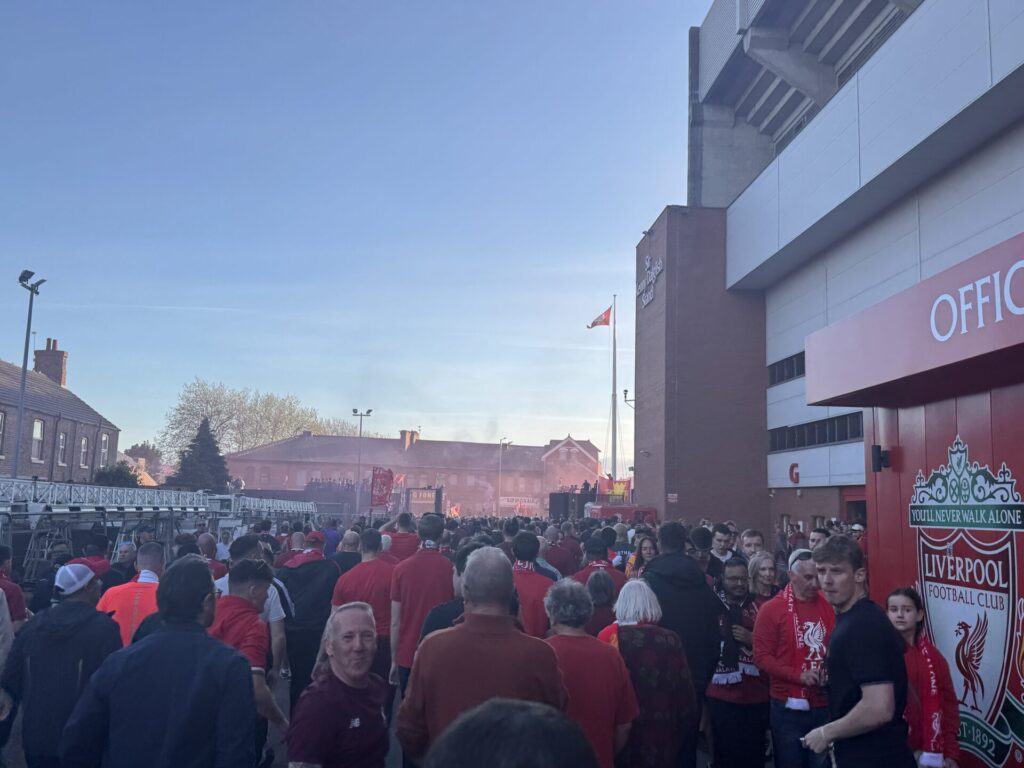 Liverpool fans outside the Sir Kenny Dalglish stand by Daniel Moffat