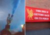 Split image of an Everton fan holding a smoke bomb and a Liverpool fan holding a banner