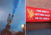 Split image of an Everton fan holding a smoke bomb and a Liverpool fan holding a banner