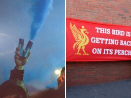 Split image of an Everton fan holding a smoke bomb and a Liverpool fan holding a banner