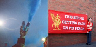Split image of an Everton fan holding a smoke bomb and a Liverpool fan holding a banner