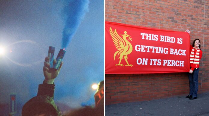 The Youth Pipeline: Comparing Liverpool and Everton’s Academies Split image of an Everton fan holding a smoke bomb and a Liverpool fan holding a banner