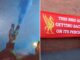 Split image of an Everton fan holding a smoke bomb and a Liverpool fan holding a banner